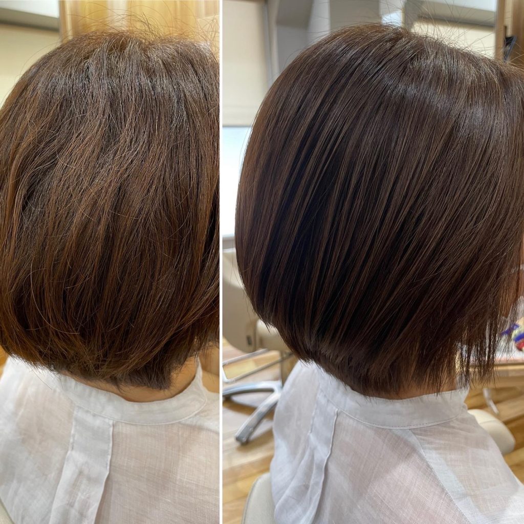 表面のうねりやまとまりにくさが気になるショートボブ。 丸みを残しながらクセを整え、乾かすだけでも形になりやすい仕上がりにしています。